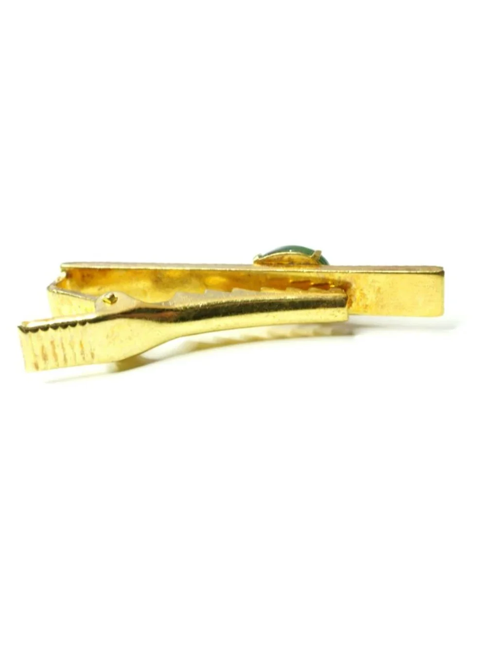 Vintage Mid Century Gold Tone Green Cabochon Cufflinks Tie Bar Set